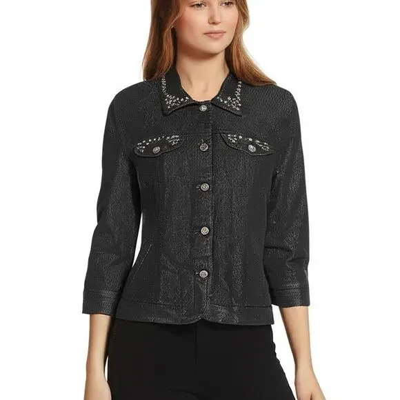 Ruby Rd Denim Jacket Black Embellished 3/4 Sleeve Glam Sparkle Rhinestone 14 - Picture 1 of 10